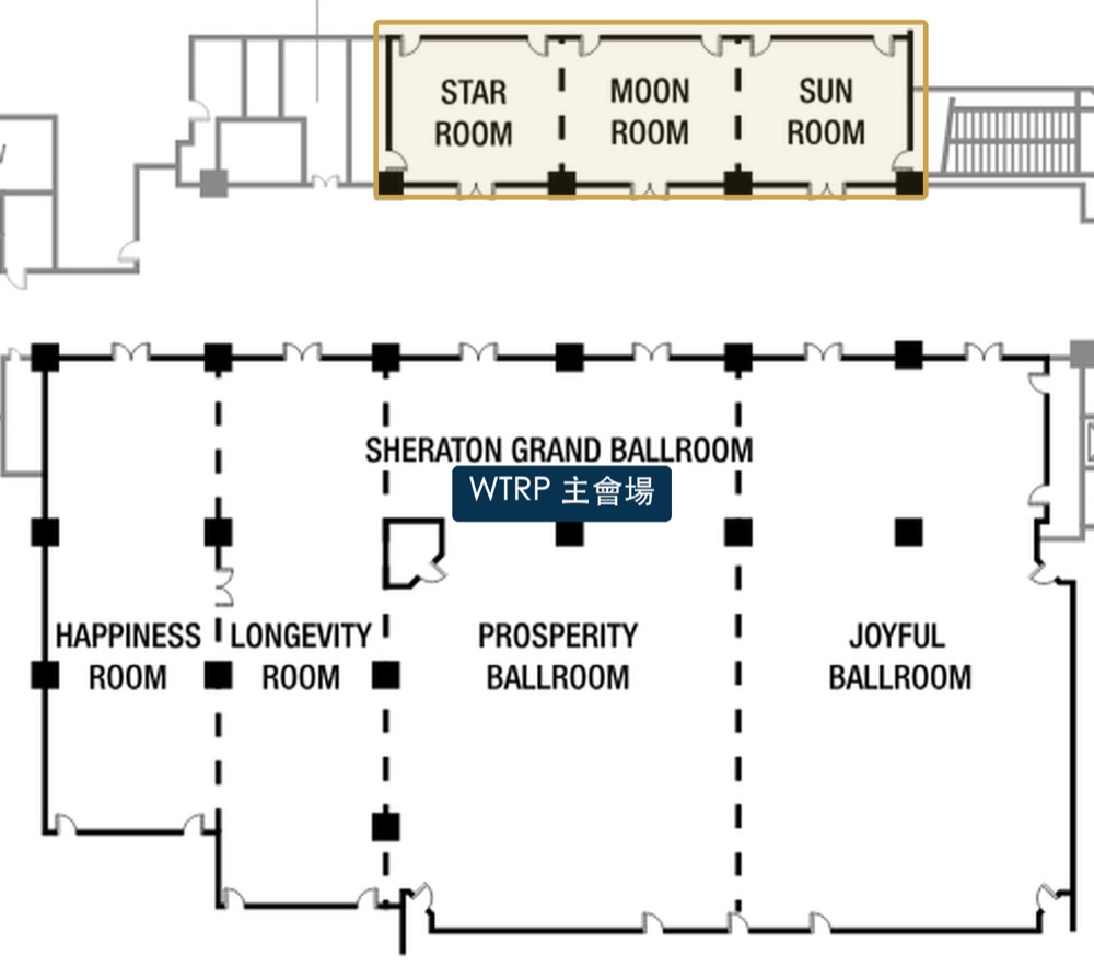 台北喜來登大飯店 B2 宴會樓層平面圖,上排日月星廳為專屬展位所在